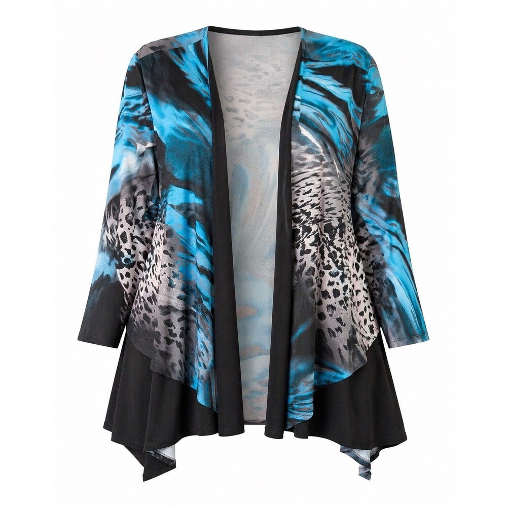 Caribe Plus Size 1X/2X Open Front Lightweight Blazer Blue Black Animal Print